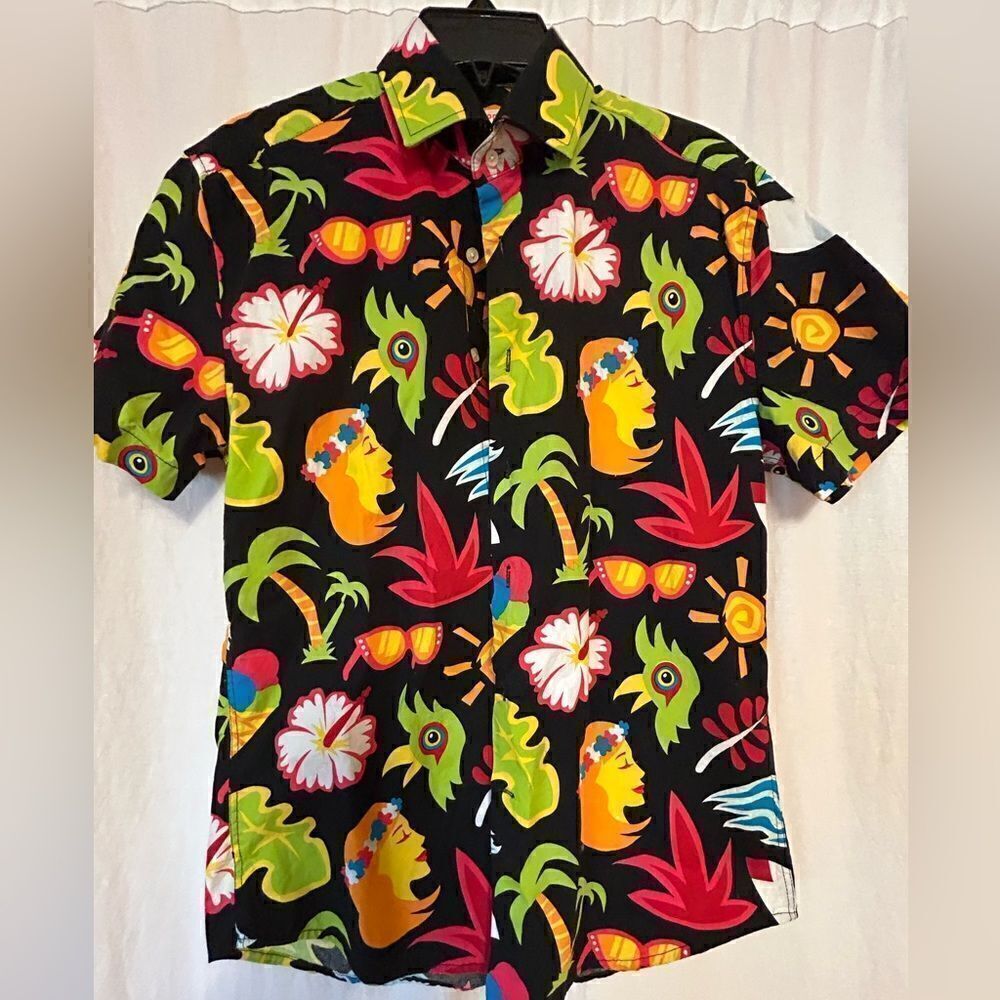 Oppo Suits medium Hawaiian shirt tropical colored black tailored cotton spandex